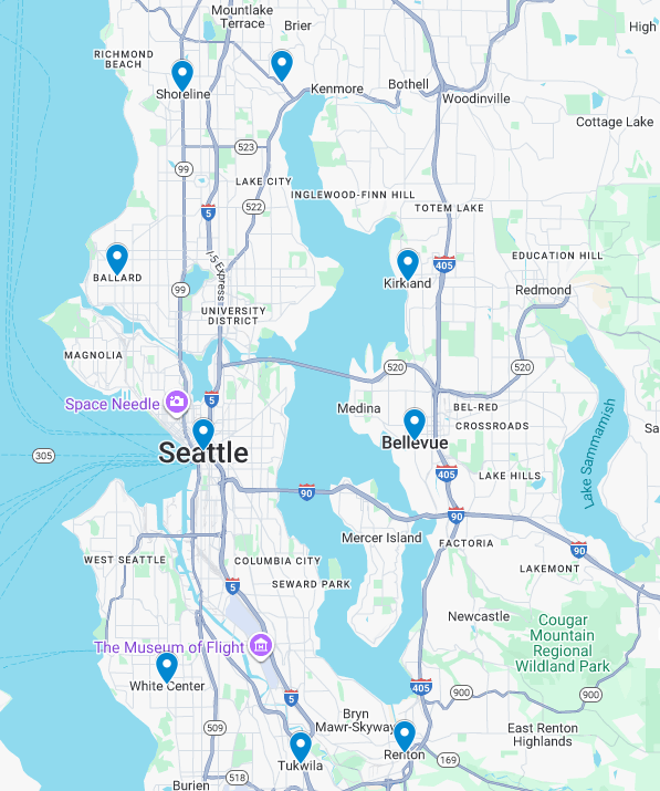 Map of Seattle area showing Stratus One Restoration core service zones